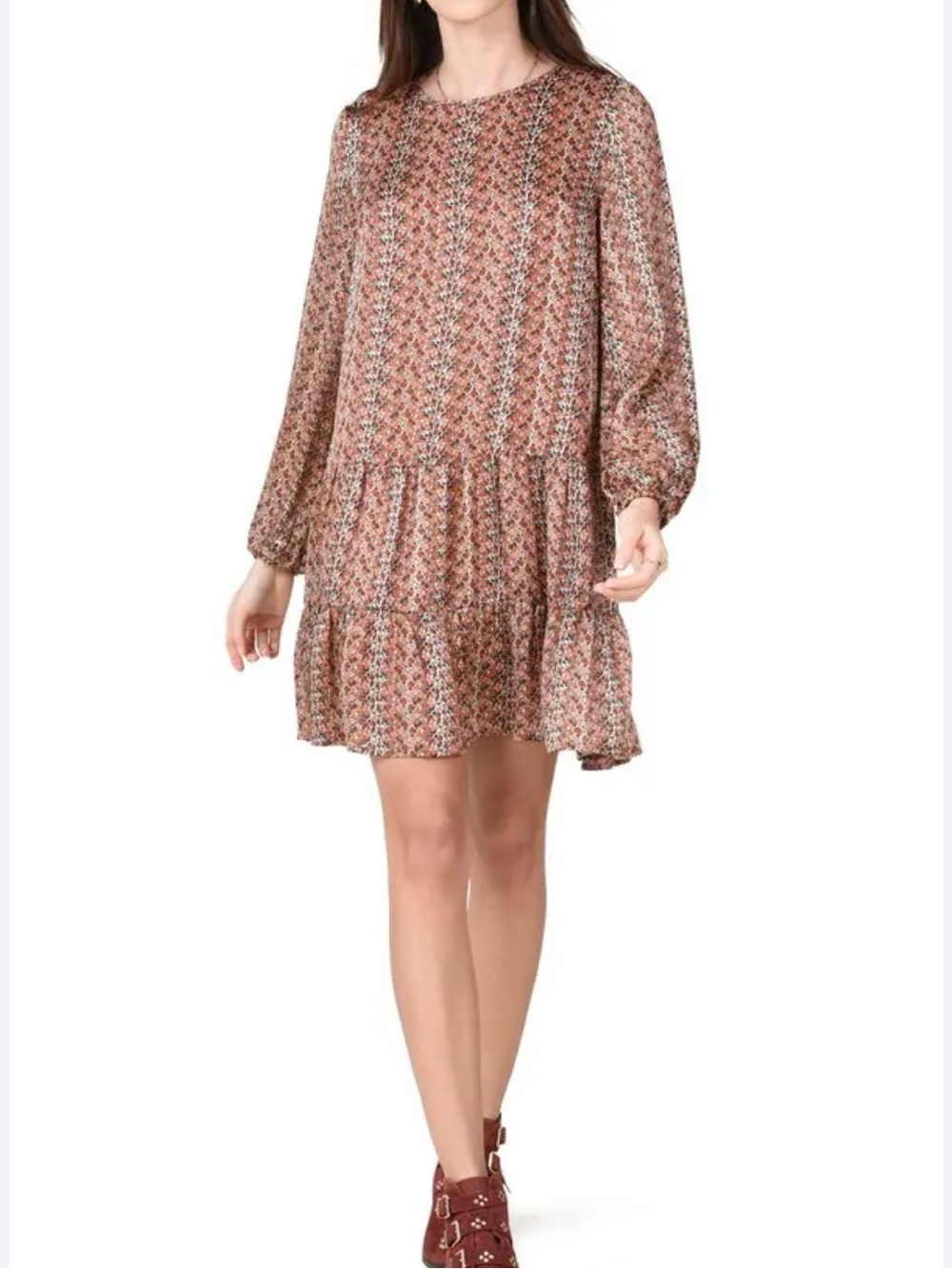 Molly Bracken Long Sleeve Tiered Ruffle Dress Rust Geometric Smock Mini M